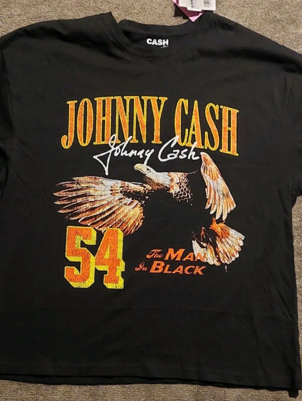 Johnny Cash Black Short Sleeve Tee with Eagle and Yellow-Orange Print